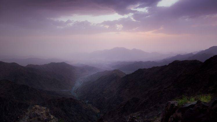 mountain, Al Hada, Saudi Arabia, Makkah, Clouds, Purple Sky, Mist HD Wallpaper Desktop Background