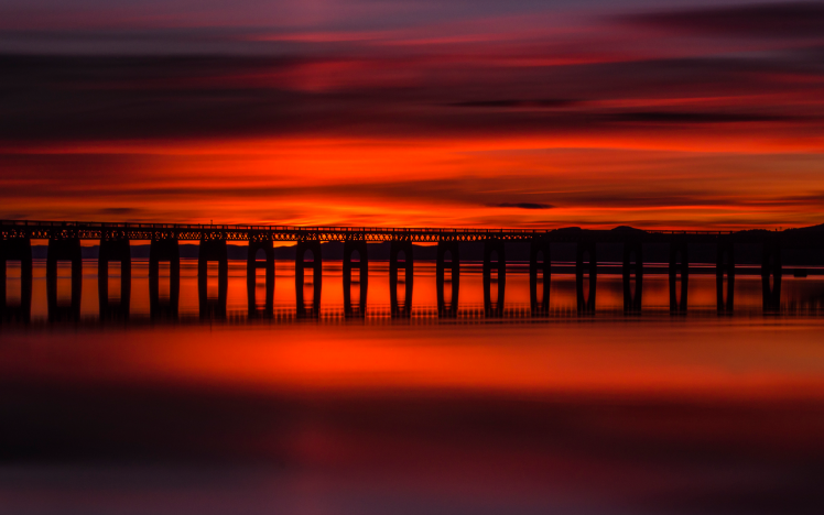 Scotland, Sunset, Nature, Landscape, Bridge, River, Long Exposure, Silhouette, UK, Water, Reflection, Clouds, Pier HD Wallpaper Desktop Background