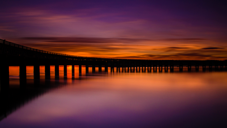 sunset, Scotland, Silhouette, Reflection, Landscape, Pier, UK, River, Water, Long Exposure, Clouds, Nature HD Wallpaper Desktop Background