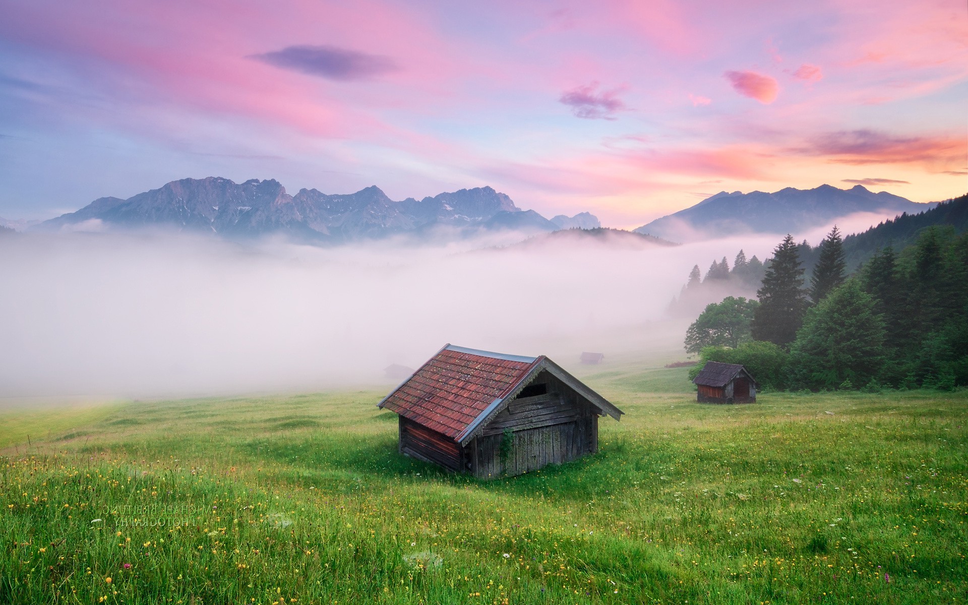 nature, Landscape, Alps, Grass, Mist Wallpaper