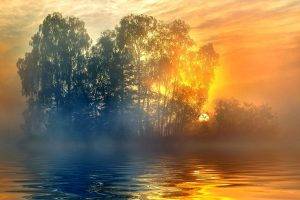 nature, Landscape, Sunset, Trees, Mist, Lake, Clouds, Yellow, Water, Blue, Calm