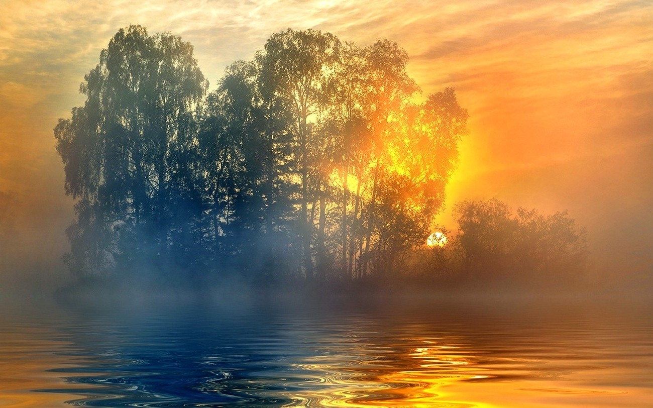 nature, Landscape, Sunset, Trees, Mist, Lake, Clouds, Yellow, Water, Blue, Calm Wallpaper