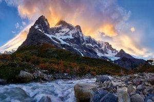nature, Landscape, Mountain, River, Sunrise, Forest, Torres Del Paine, Chile, Snowy Peak