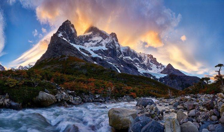 nature, Landscape, Mountain, River, Sunrise, Forest, Torres Del Paine, Chile, Snowy Peak HD Wallpaper Desktop Background