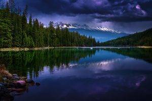 nature, Landscape, Mountain, Forest, Evening, Lake, Clouds, Snowy Peak, Reflection
