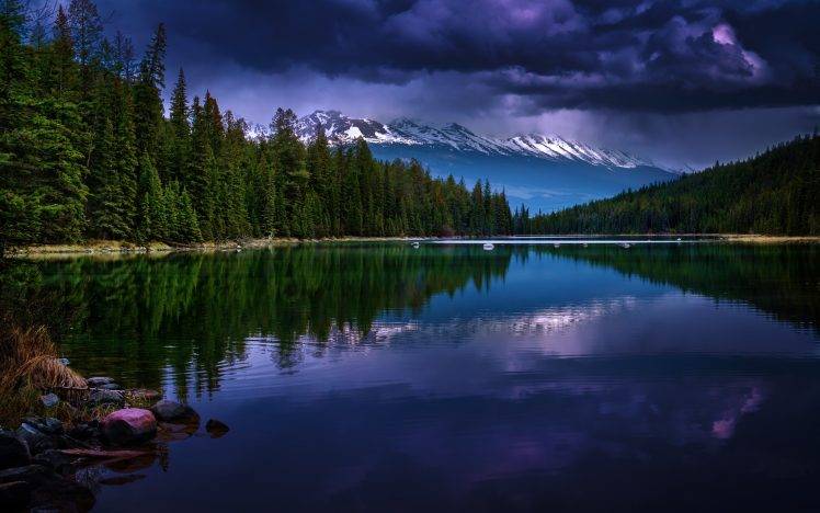 nature, Landscape, Mountain, Forest, Evening, Lake, Clouds, Snowy Peak, Reflection HD Wallpaper Desktop Background