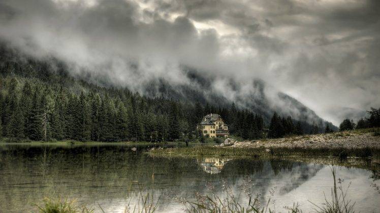 nature, Landscape, Mist, Mountain, Lake, Forest, Trees, House HD Wallpaper Desktop Background