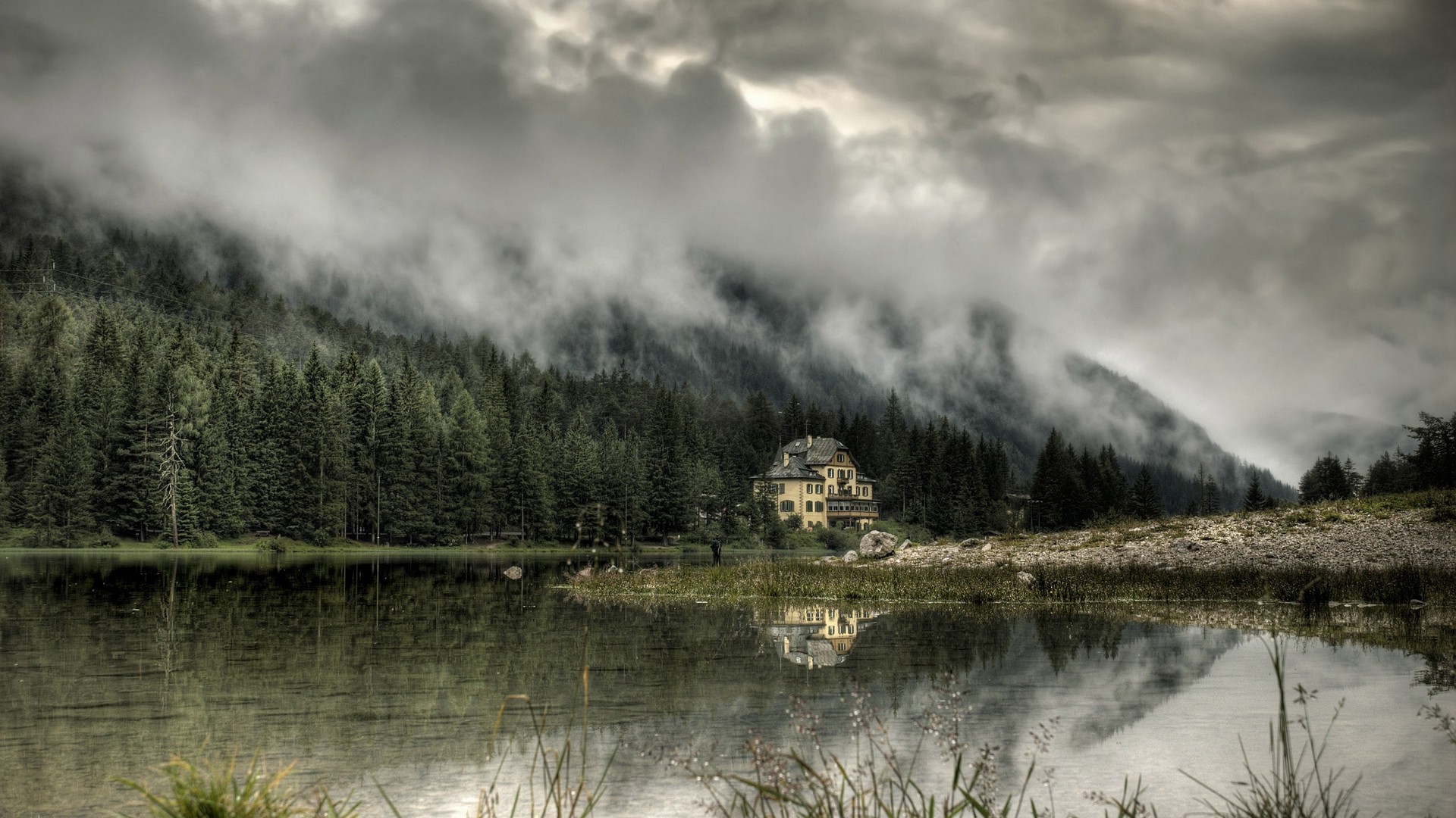 nature, Landscape, Mist, Mountain, Lake, Forest, Trees, House Wallpaper