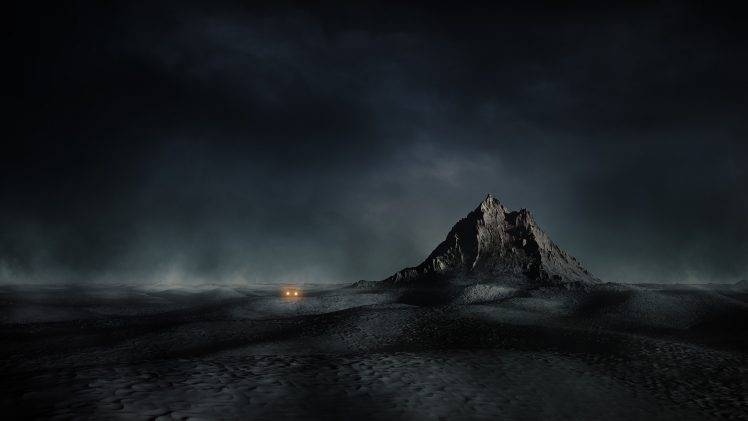 nature, Mist, Landscape, Desert, Mountain, Lost, Car, Dune, Dark, Night, Clouds HD Wallpaper Desktop Background