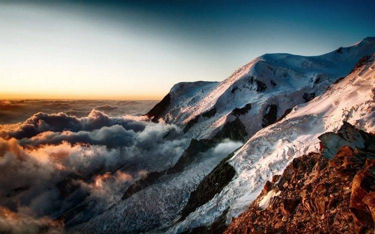 nature, Mist, Landscape, Summit, Mountain, Sunset, Clouds, Snowy Peak HD Wallpaper Desktop Background