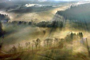 nature, Mist, Landscape, Sun Rays, Villages, Sunrise, Forest, Road, Field
