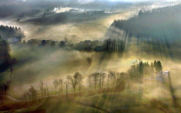 nature, Mist, Landscape, Sun Rays, Villages, Sunrise, Forest, Road, Field HD Wallpaper Desktop Background