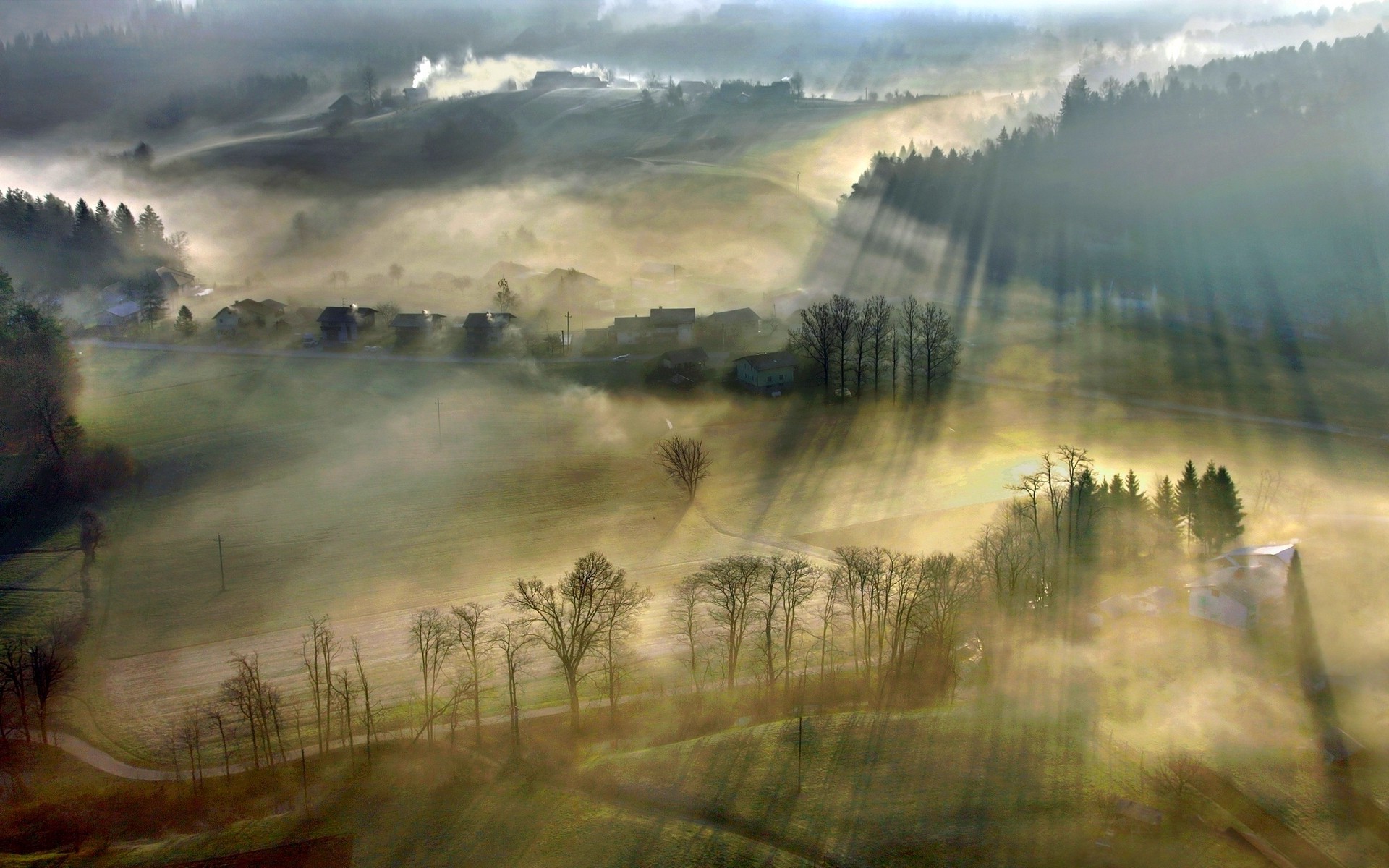 nature, Mist, Landscape, Sun Rays, Villages, Sunrise, Forest, Road, Field Wallpaper
