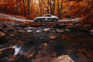 nature, Car, Trees, Forest, Fall, Vehicle, Leaves, Long Exposure, Stream, Stones, Road, Rock, Porsche Cayman, Sports Car, Side View