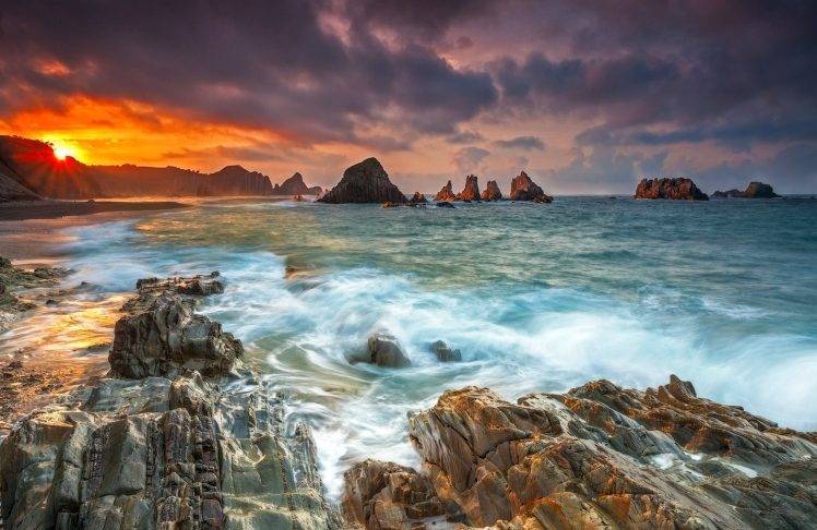 nature, Landscape, Coast, Sunrise, Beach, Clouds, Rock, Sea HD Wallpaper Desktop Background