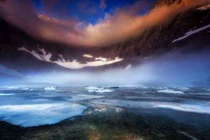 nature, Landscape, Lake, Glacier National Park, Morning, Mist, Mountain, Frost, Ice, Snow, Clouds