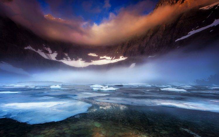 nature, Landscape, Lake, Glacier National Park, Morning, Mist, Mountain, Frost, Ice, Snow, Clouds HD Wallpaper Desktop Background