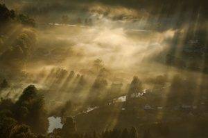 mist, Nature, Landscape, Sun Rays, Aerial View, Villages, River, Trees, Sunrise