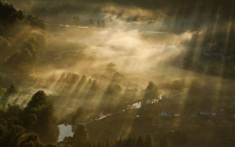 mist, Nature, Landscape, Sun Rays, Aerial View, Villages, River, Trees, Sunrise HD Wallpaper Desktop Background