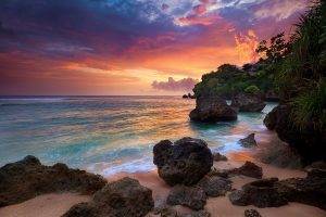 Bali, Sunrise, Indonesia, Nature, Clouds, Sea, Rock, Landscape, Shrubs, Sand