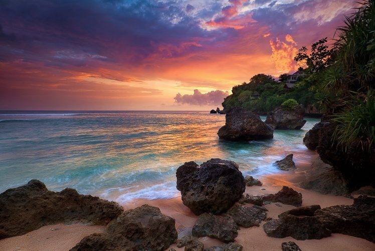Bali, Sunrise, Indonesia, Nature, Clouds, Sea, Rock, Landscape, Shrubs,  Sand Wallpapers HD / Desktop and Mobile Backgrounds