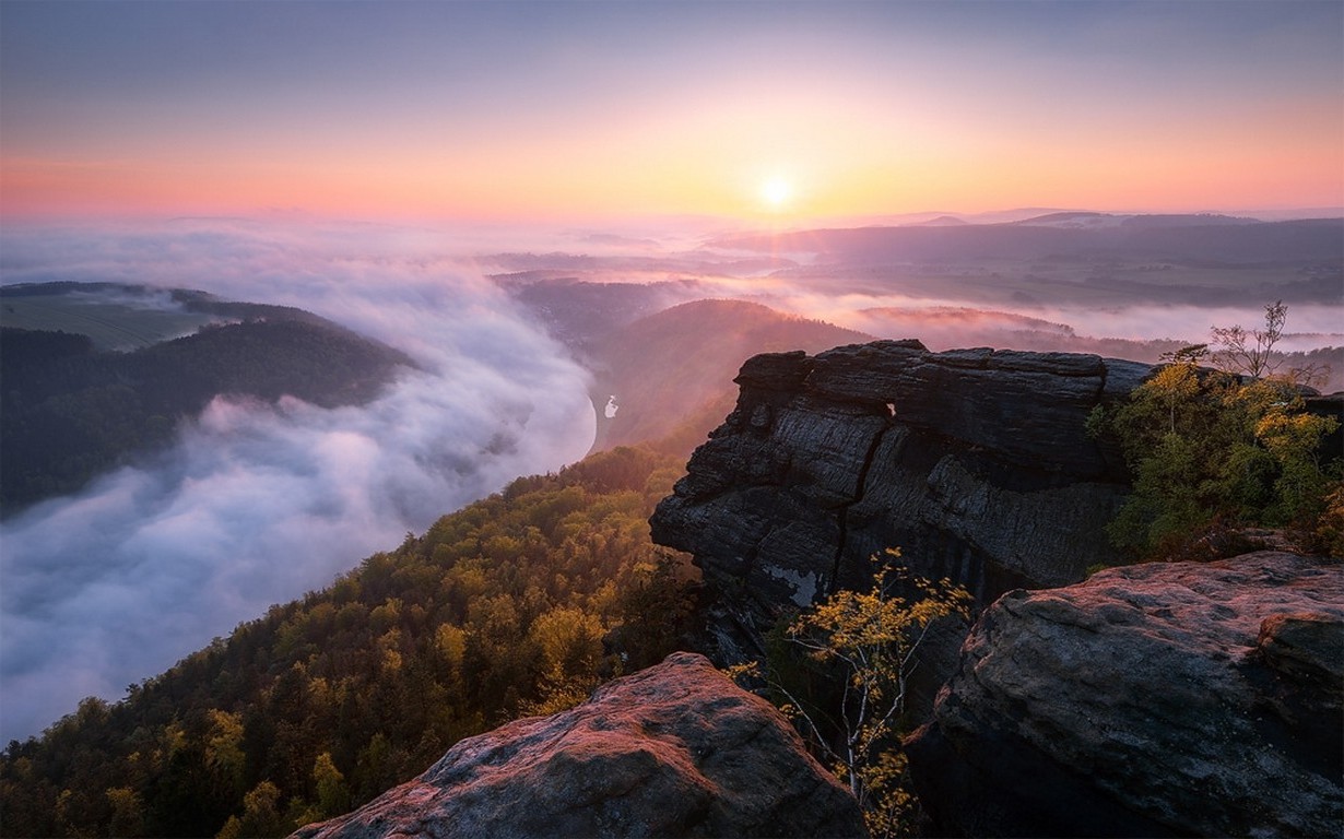 nature, Landscape, Sunrise, Forest, Mountain, Rock, Clouds, Mist, Saxony Wallpaper