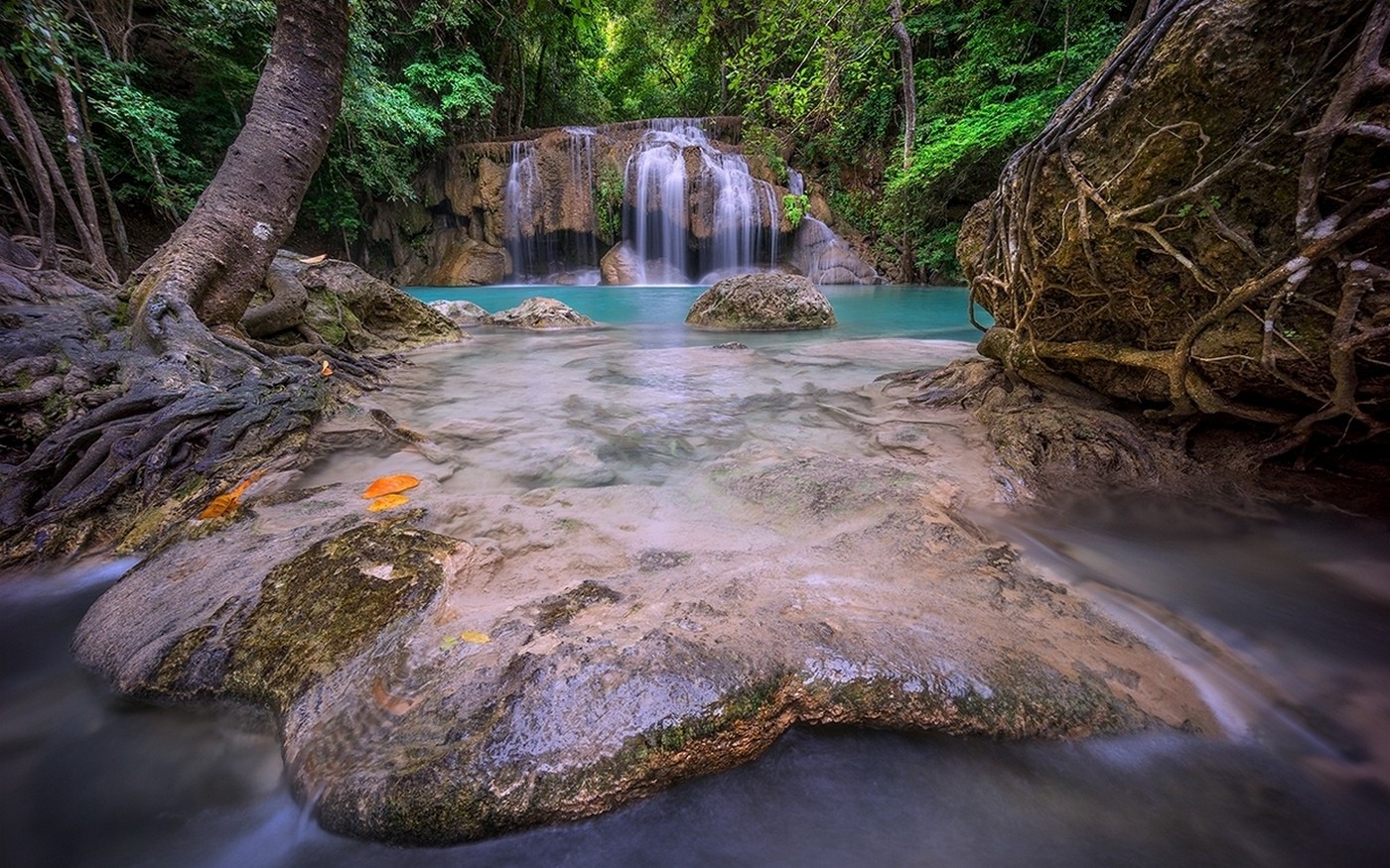 nature, Landscape, Thailand, Waterfall, Forest, Roots, Foliage, Green, Turquoise, Tropical Wallpaper
