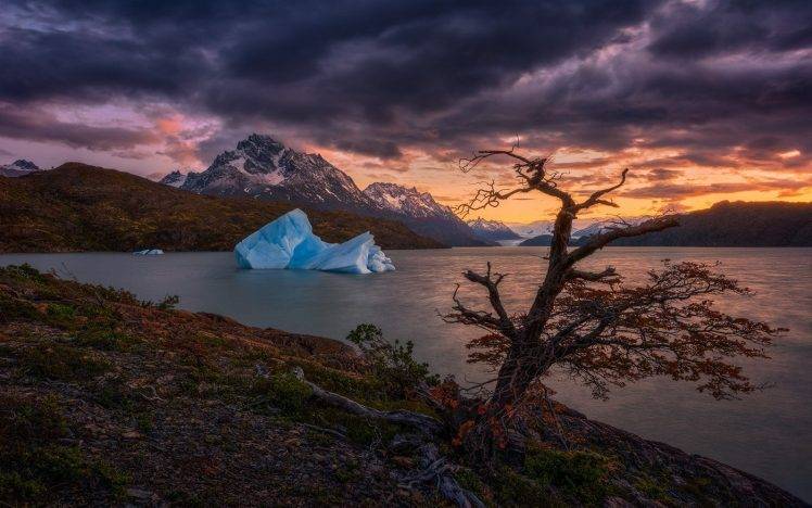 nature, Landscape, Lake, Iceberg, Mountain, Trees, Clouds, Sunset, Snowy Peak, Cold HD Wallpaper Desktop Background