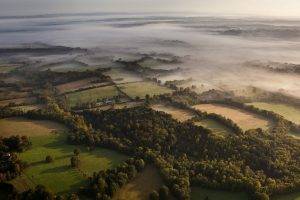 nature, Landscape, Aerial View, Mist, Forest, Morning, Field, UK