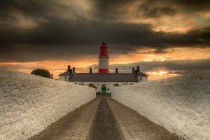 nature, Landscape, Trees, Clouds, Lighthouse, HDR, Road, House, Sunrise, Walls, Symmetry
