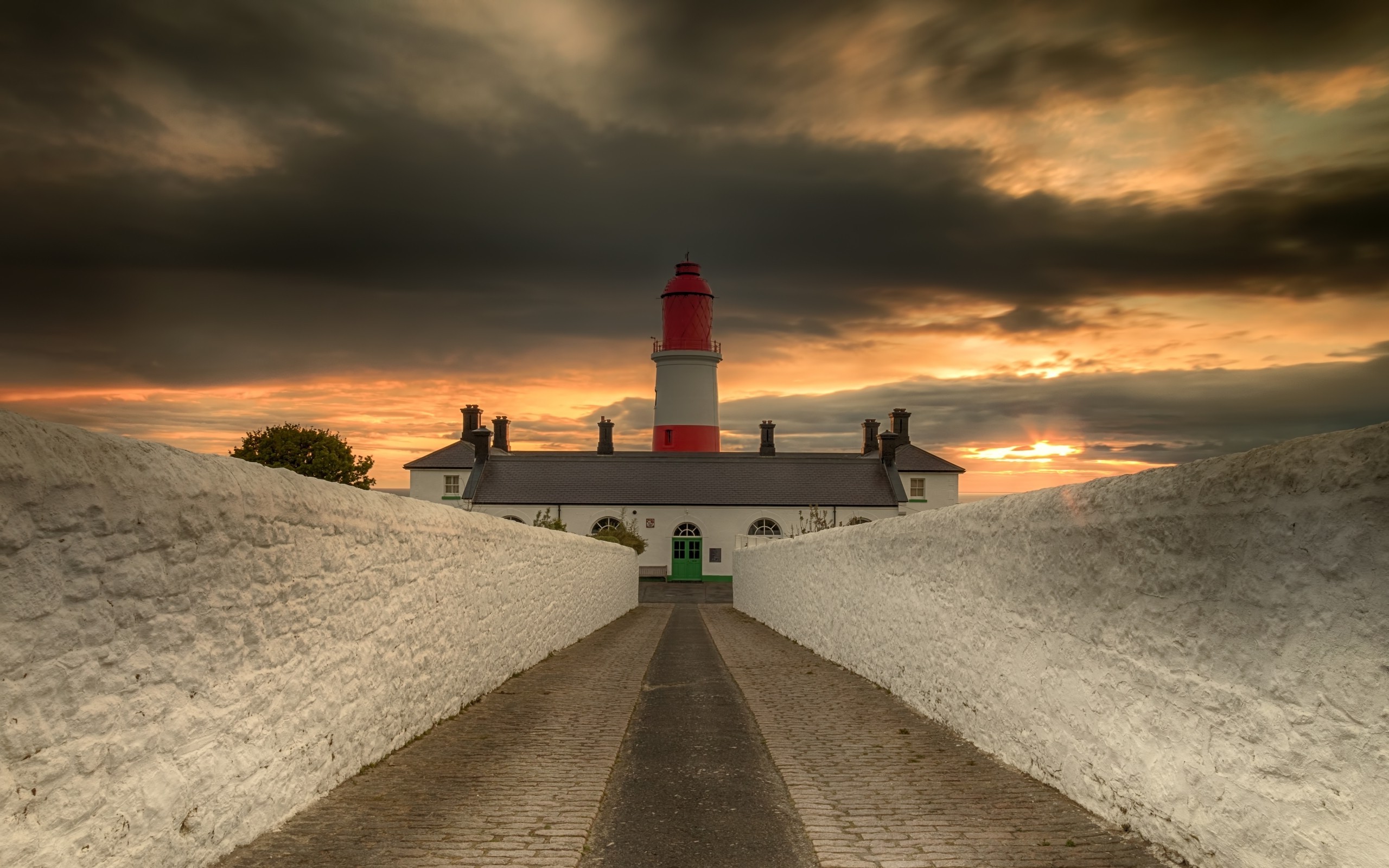 nature, Landscape, Trees, Clouds, Lighthouse, HDR, Road, House, Sunrise, Walls, Symmetry Wallpaper