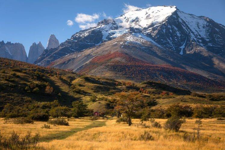 nature, Landscape, Mountain, Trees, Shrubs, Snowy Peak, Chile, Cottage, Grass HD Wallpaper Desktop Background