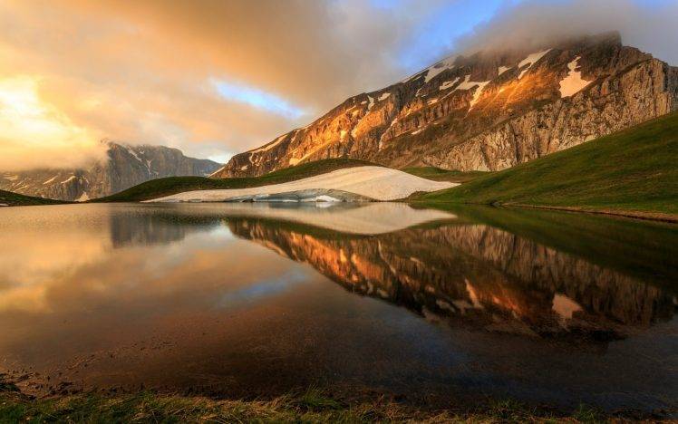 nature, Landscape, Water, Clouds, Reflection, Greece, Mountain, Sunlight, Hill, Grass, Snow HD Wallpaper Desktop Background
