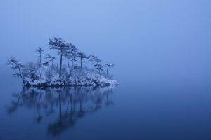 nature, Landscape, Winter, Island, Trees, Mist, Lake, Snow, Japan, Calm, Morning