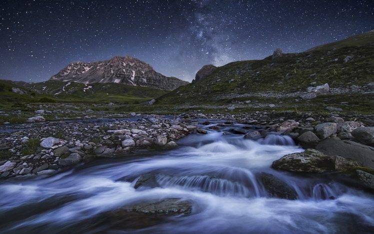 nature, Landscape, Long Exposure, River, Mountain, Starry Night HD Wallpaper Desktop Background
