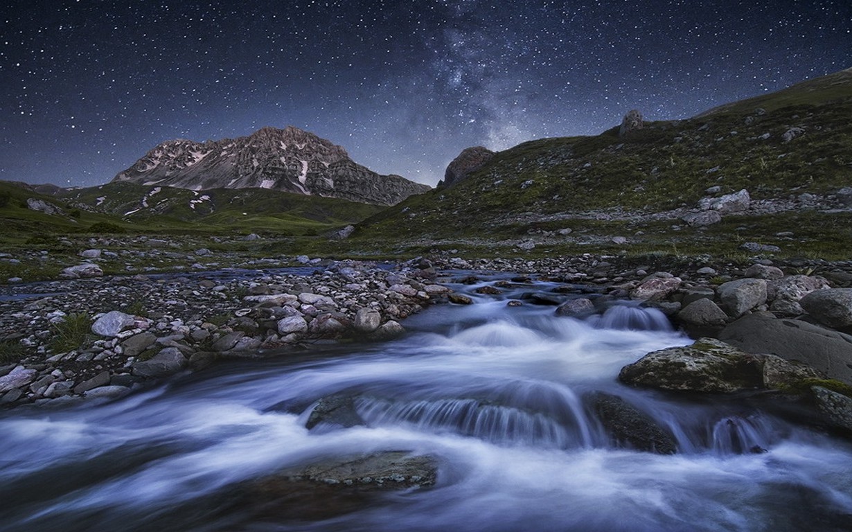 nature, Landscape, Long Exposure, River, Mountain, Starry Night Wallpaper