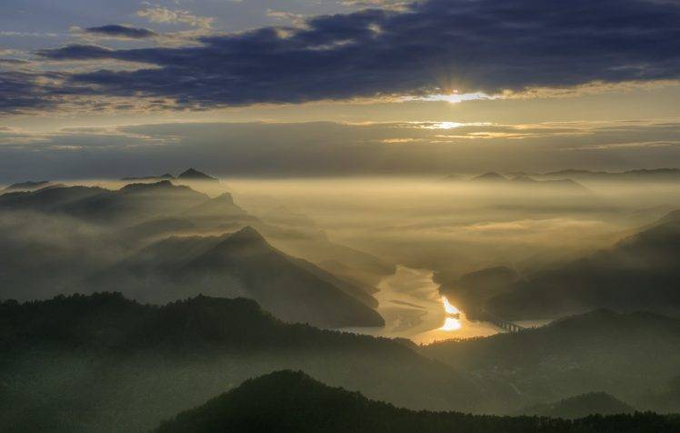 landscape, Nature, Mist, Sunrise, Mountain, River, Sun Rays, Valley, Bridge, Clouds HD Wallpaper Desktop Background