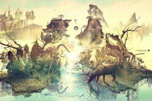 digital Art, Lake, Trees, Animals, Elephants, Yoga