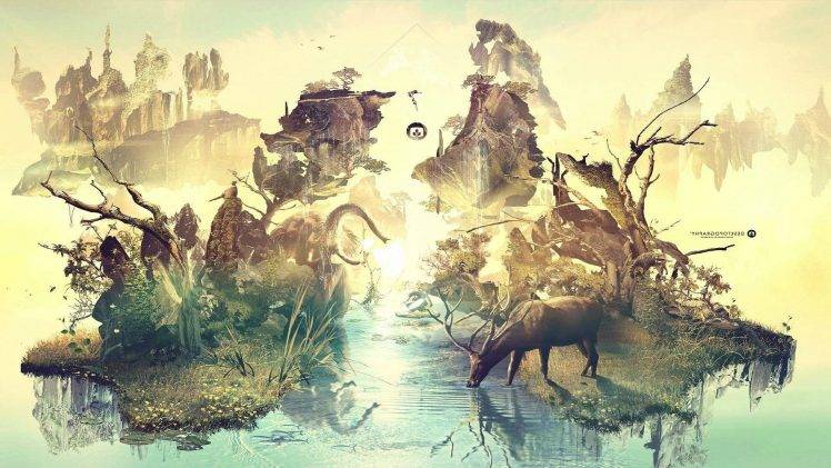 digital Art, Lake, Trees, Animals, Elephants, Yoga HD Wallpaper Desktop Background