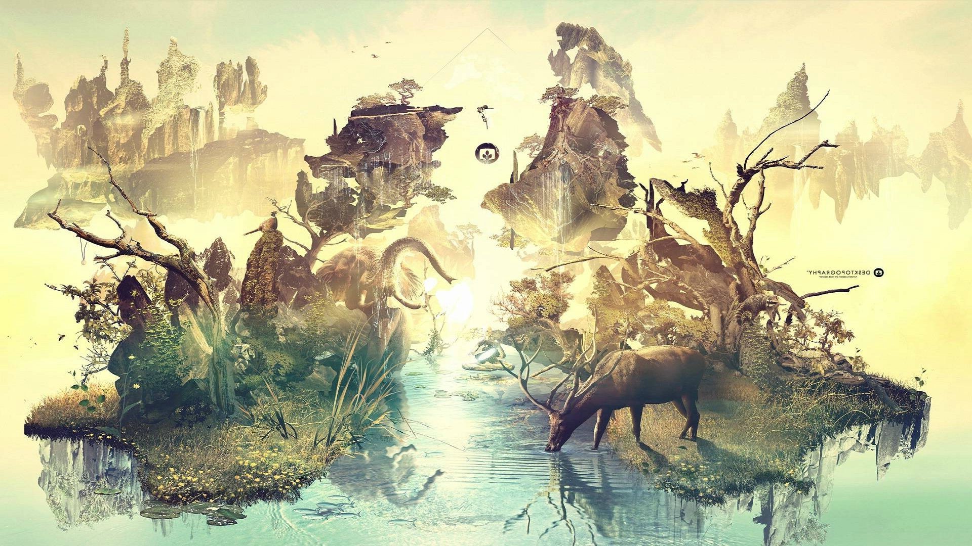 digital Art, Lake, Trees, Animals, Elephants, Yoga Wallpaper