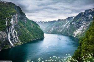 Seven Sisters, Waterfall, Norway, Mountain, Landscape, Clouds, Wildflowers