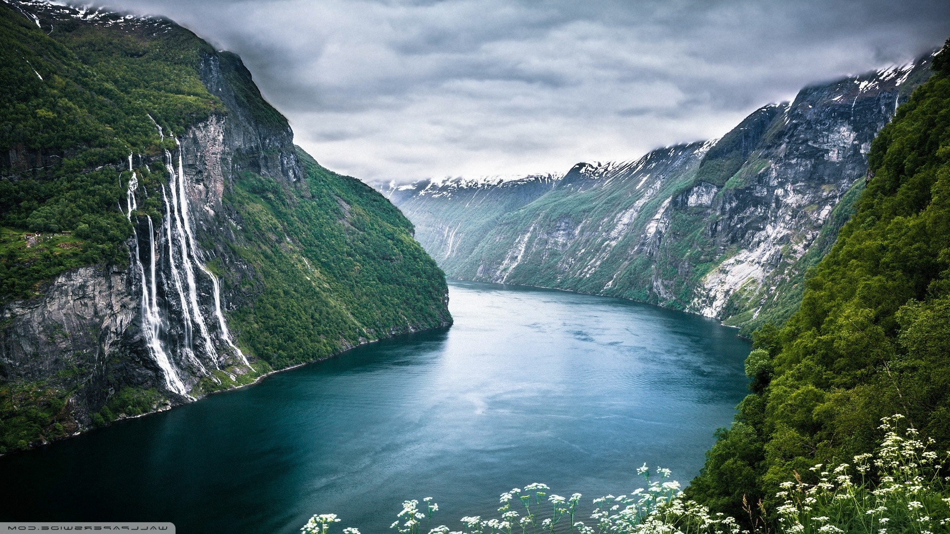 Seven Sisters, Waterfall, Norway, Mountain, Landscape, Clouds, Wildflowers Wallpaper