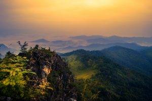 nature, Landscape, Mist, Mountain, Forest, Shrubs, Sunrise, Clouds, Thailand