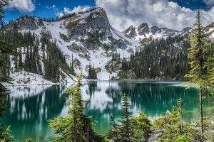 nature, Landscape, Canada, Lake, Forest, Mountain, Snowy Peak, Clouds, Water, Trees