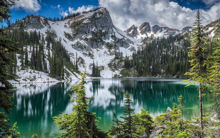 nature, Landscape, Canada, Lake, Forest, Mountain, Snowy Peak, Clouds, Water, Trees HD Wallpaper Desktop Background