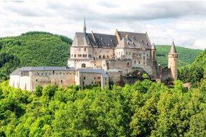 architecture, Castle, Nature, Landscape, Hill, Trees, Forest, Luxemburg, Tower, Flag, Clouds, Walls