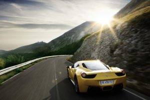 car, Sports Car, Super Car, Ferrari 458, Sunlight, Road, Nature, Mountain, Trees, Forest, Clouds, Motion Blur, Rear View, Shadow