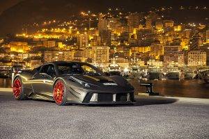 car, Sports Car, Super Car, Ferrari 458, Night, Monaco, Bay, City, Lights, Yachts, Hill, Prior Design, Ferrari 458 Italia