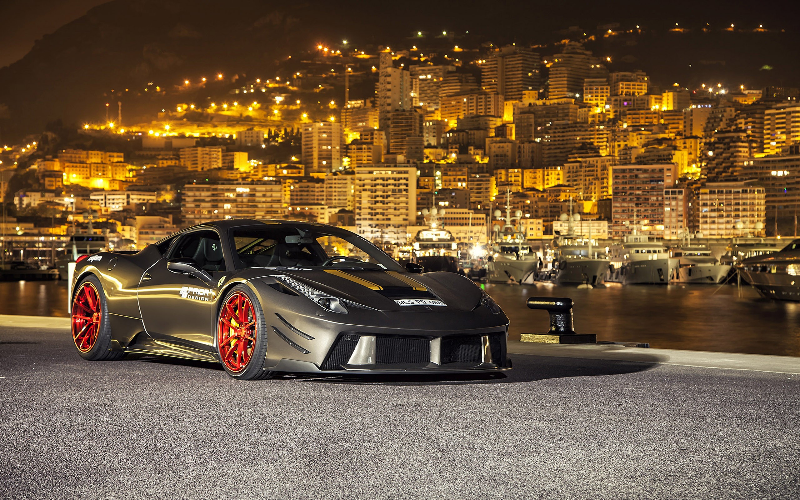 car, Sports Car, Super Car, Ferrari 458, Night, Monaco, Bay, City, Lights, Yachts, Hill, Prior Design, Ferrari 458 Italia Wallpaper