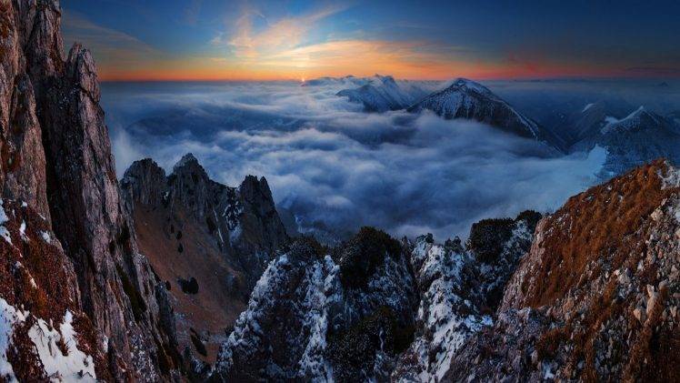 nature, Landscape, Sunset, Mountain, Clouds, Snowy Peak, Summit, Cliff, Horizon HD Wallpaper Desktop Background